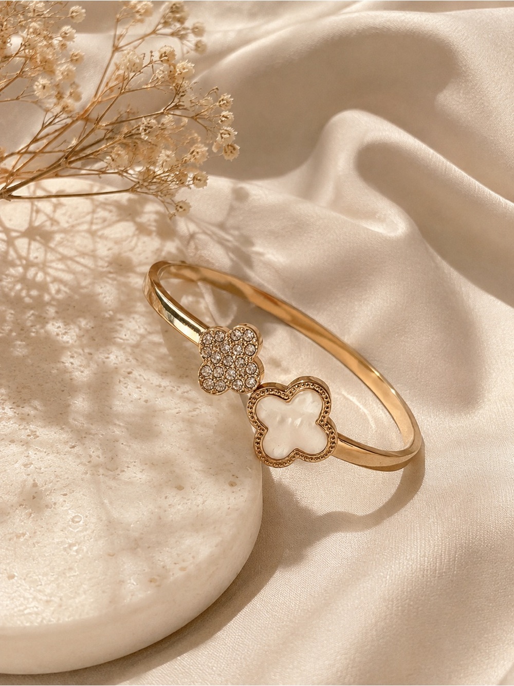 Gold Clover Bangle with Crystal and Mother-of-Pearl